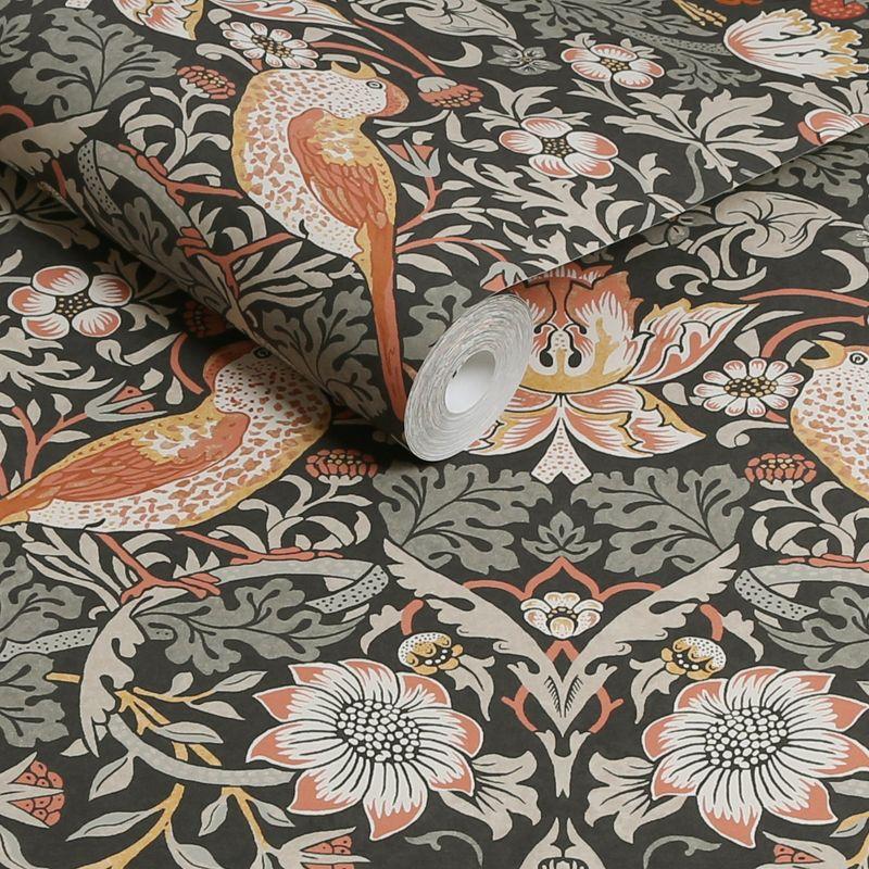 William Morris at Home Strawberry Thief Charcoal Wallpaper