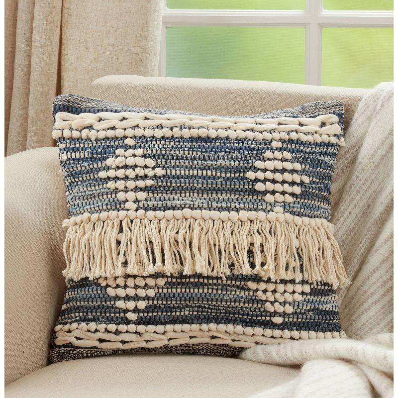 18"x18" Poly-Filled Chindi Design Square Throw Pillow with Fringe Blue - Saro Lifestyle: Cotton Cover, Indoor Decor, Zippered