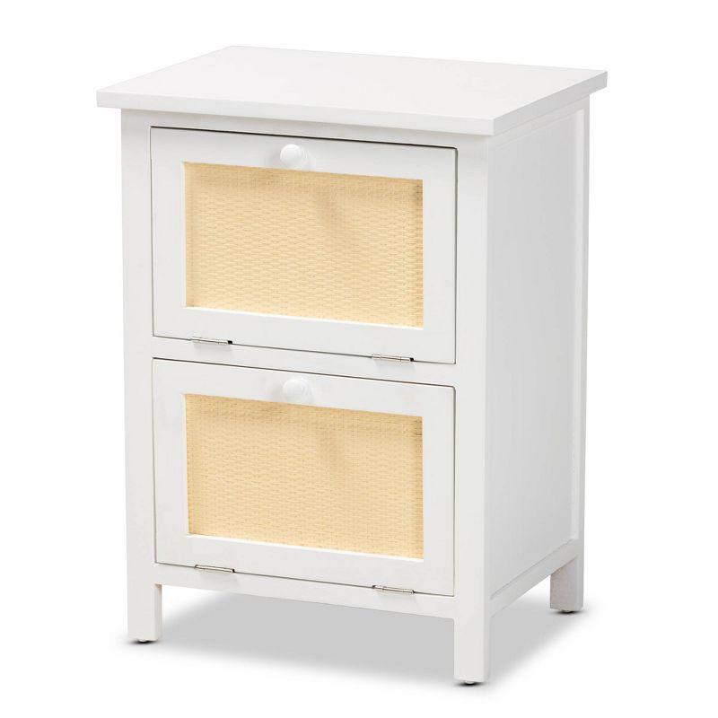 Sariah Wood Rattan 2 Door Nightstand White - Baxton Studio: Bohemian Style, Bedside Storage, No Assembly Required