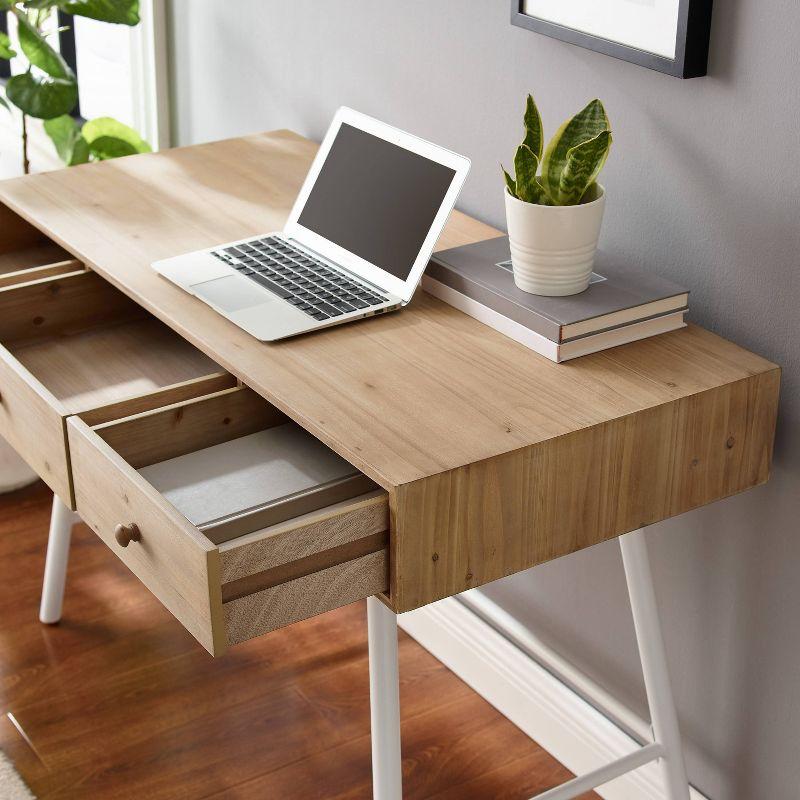 Natural Wood and White 3-Drawer Desk with Iron Legs