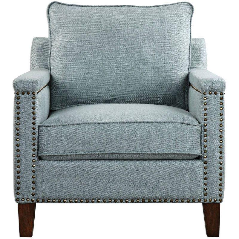 Transitional Sea Mist Blue Fabric Accent Chair with Brass Nailheads