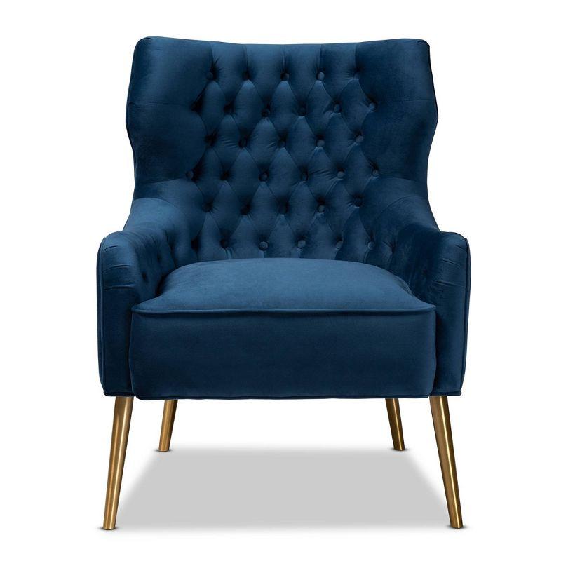 Curvaceous Navy Blue Velvet Armchair with Geometric Stitching and Gold Metal Legs