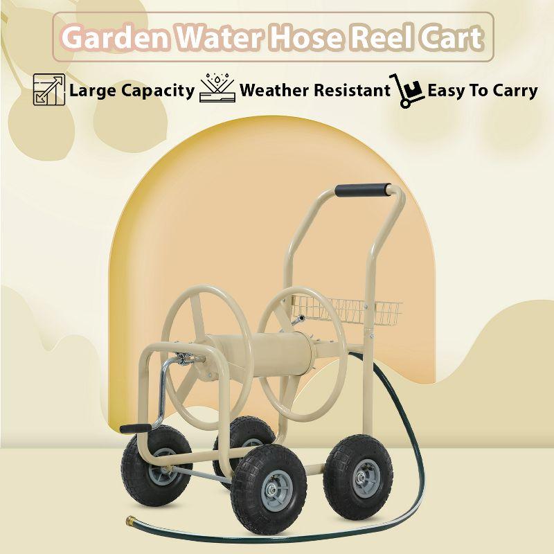 FDW Hose Reel Hold Up To 300 Ft Heavy Duty Garden Hose Reel Sturdy Water Hose Reel Cart with 4 Wheels Storage Basket for Garden Lawn Yard  (Tan)