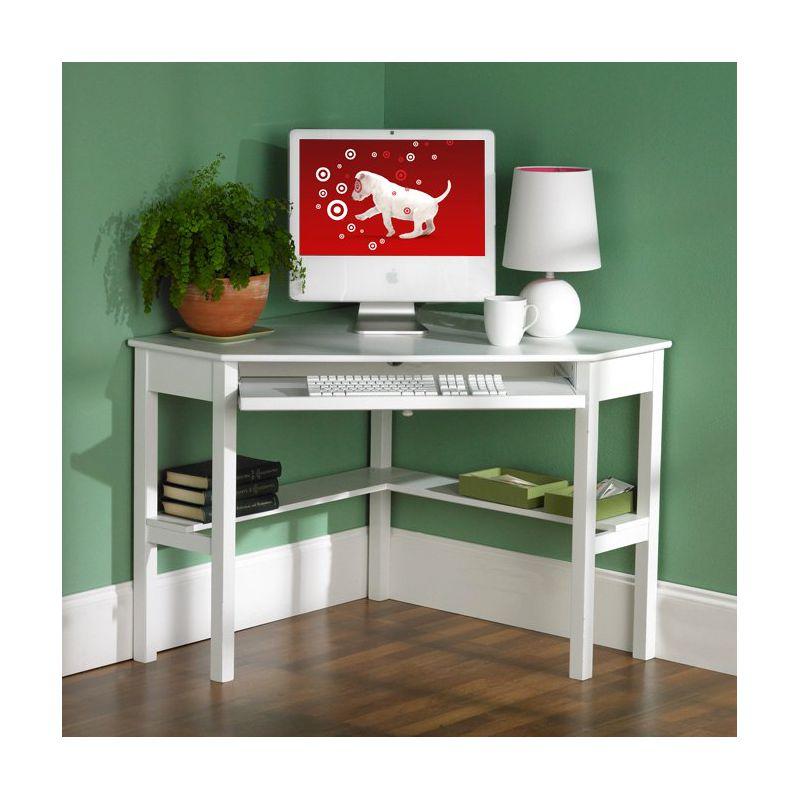 Modern White Wooden Corner Desk with Keyboard Tray and Drawer