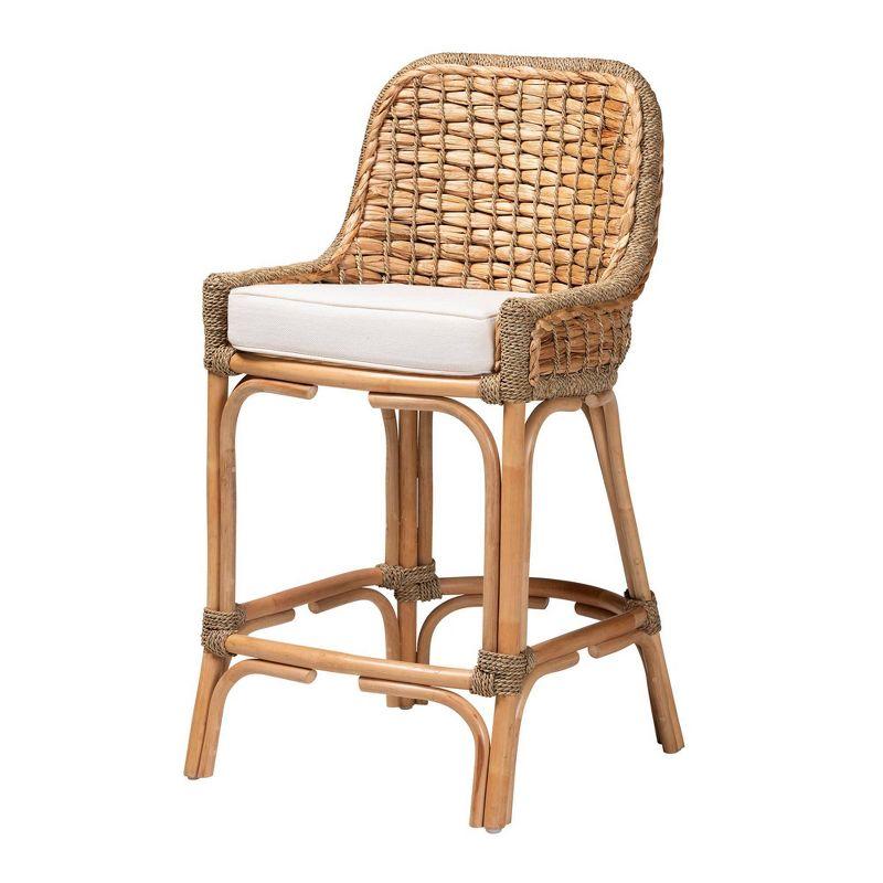 Kyle Modern Bohemian Natural Brown Woven Rattan and Mahogany Wood Counter Stool with Cushion