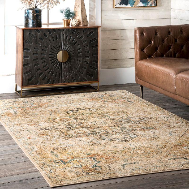 Elegant Tan Medallion 80'' Synthetic Easy-Care Area Rug