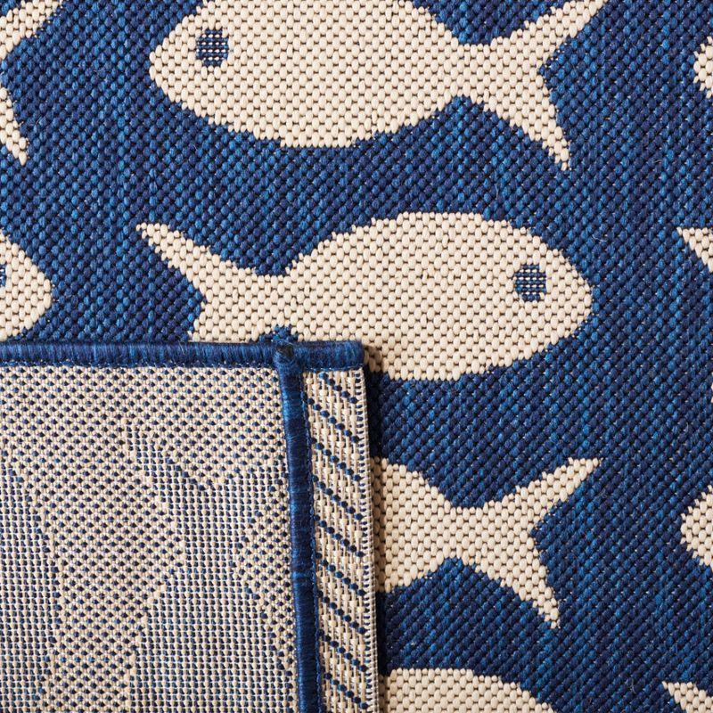 Navy and Beige Fish Pattern Indoor/Outdoor Runner Rug