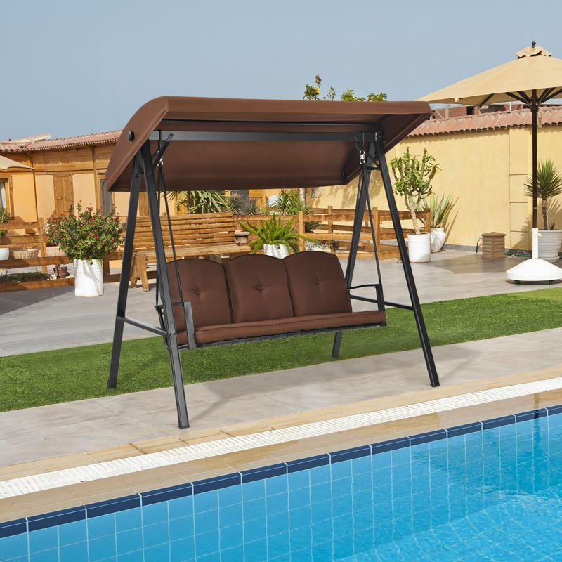 Tangkula 3-Person Patio Swing Seat Outdoor Porch Swing All Weather Hammock w/Adjustable Canopy & Cushions Brown