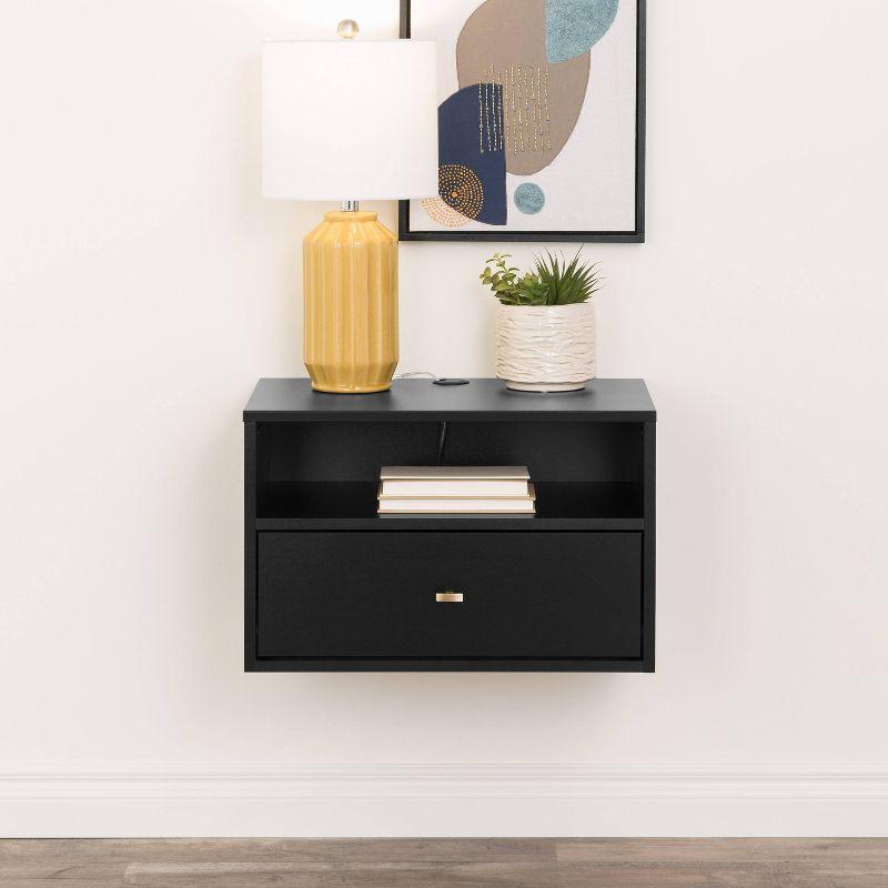 Sleek Black Floating Nightstand with Drawer and Open Shelf