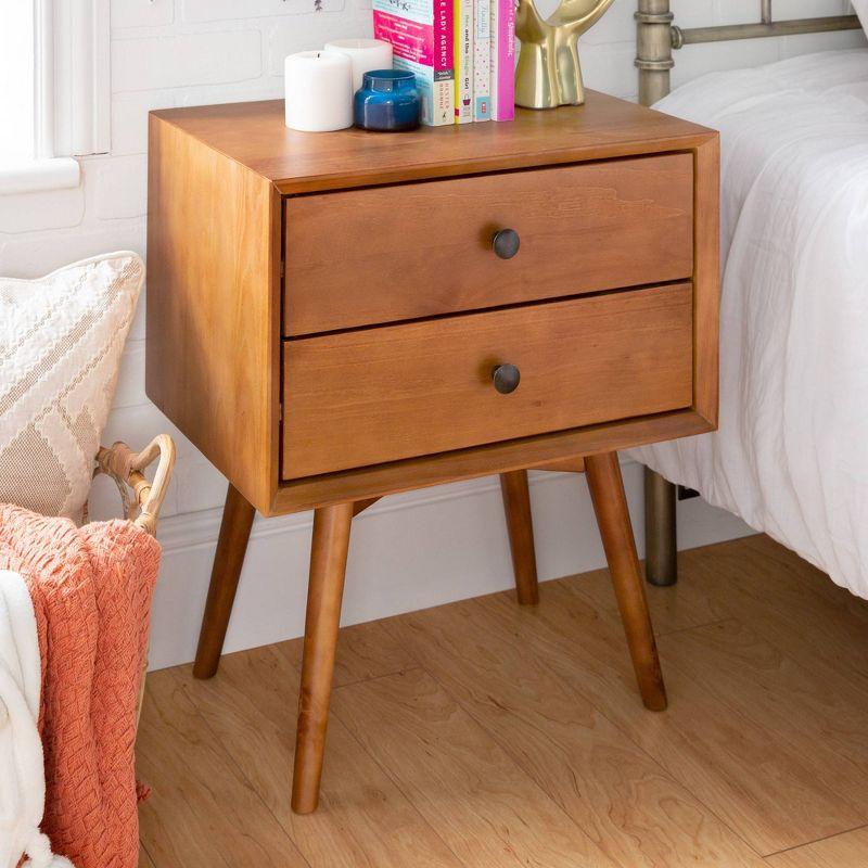 Greenberg 2 Drawer Mid-Century Modern Solid Wood Nightstand Caramel - Saracina Home: Pine, Beveled Edges, Antique-Finish Knobs