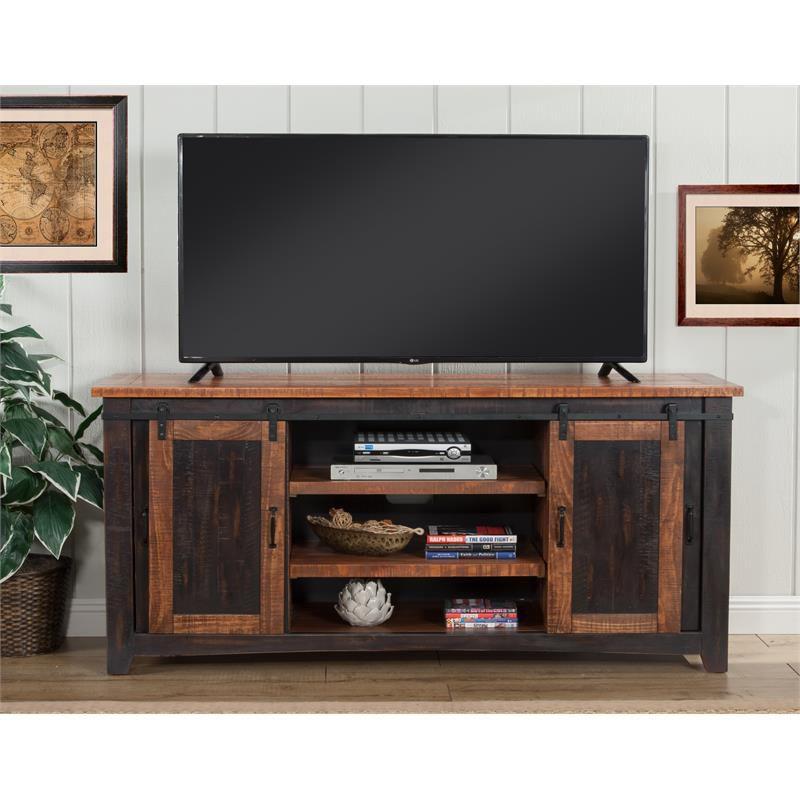 Rustic Antique Black and Distressed Pine 65" TV Stand with Sliding Barn Doors