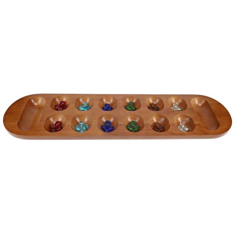 Solid Wood Mancala Board Game with Walnut Stain and Glass Pieces