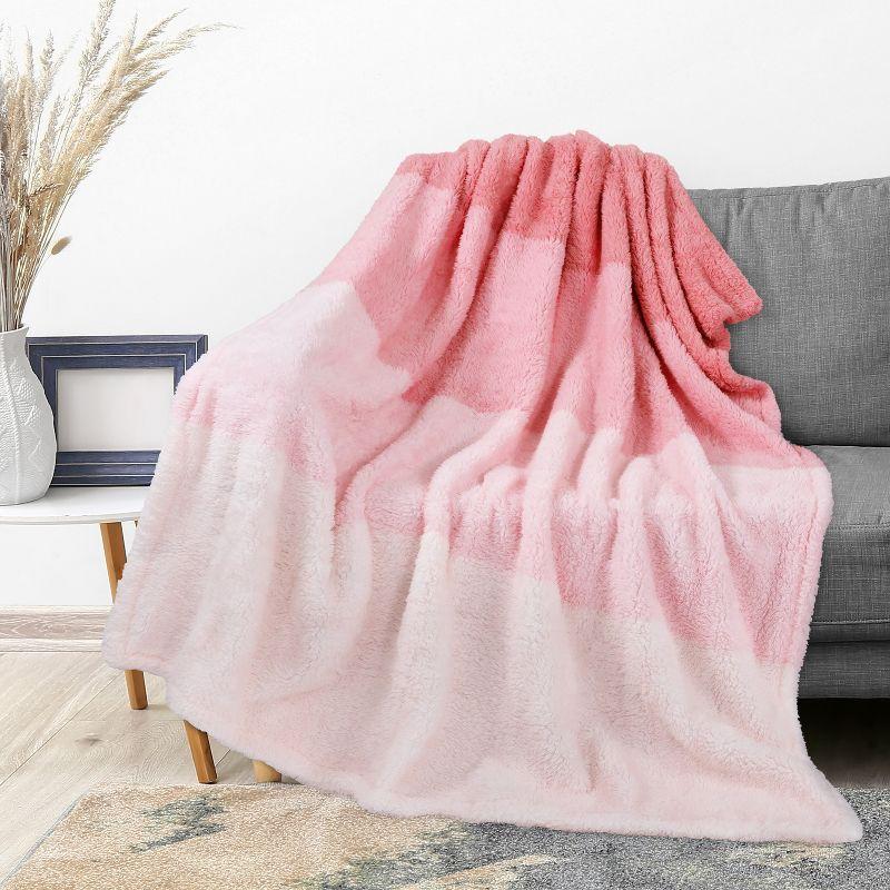 Pink Gradient Reversible Faux Fur Sherpa Throw Blanket