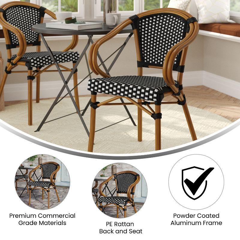 Emma & Oliver Soie Indoor/Outdoor Stacking Thonet Bistro Style Chair with Arms, Black & White PE Rattan Seat and Natural Bamboo Finished Metal Frame