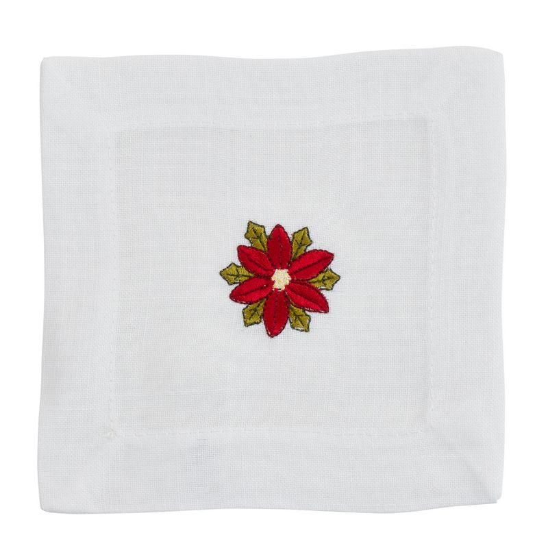 White Embroidered Poinsettia Winter Cocktail Napkins Set of 12