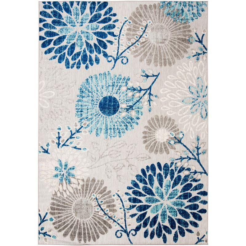 Gray and Blue Floral Synthetic Indoor/Outdoor Rug 3' x 5'