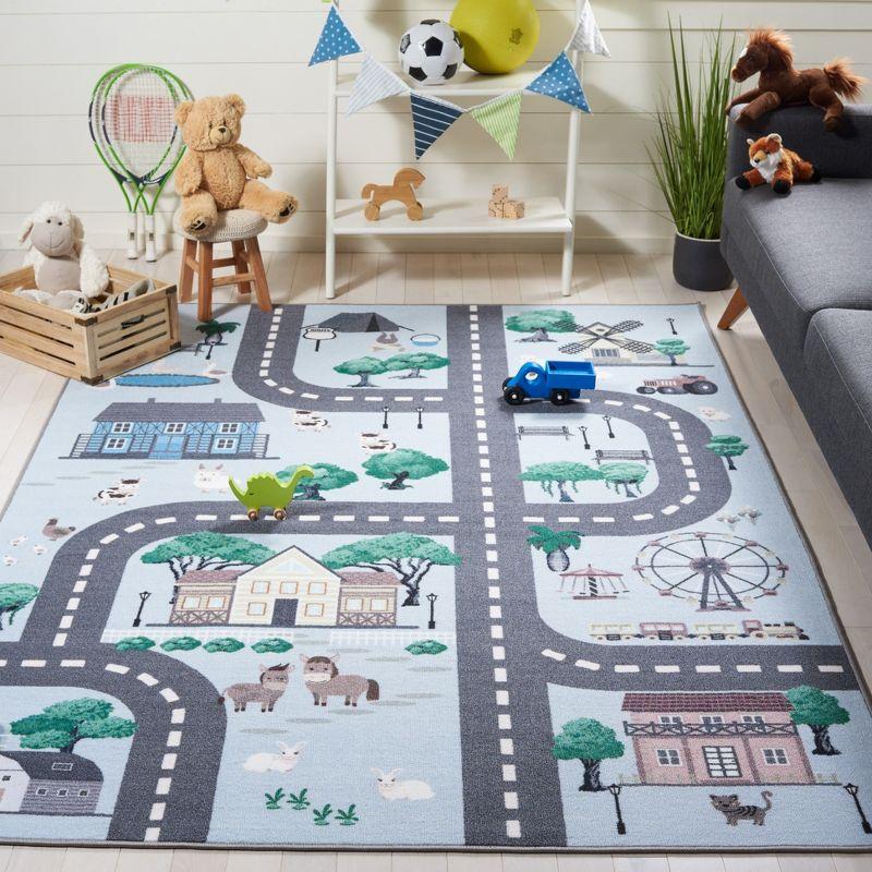 Blue and Dark Grey Kids Playhouse Educational Area Rug