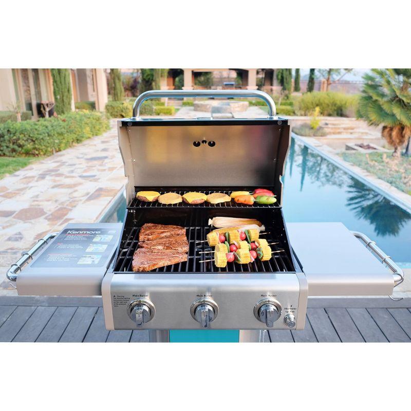 Kenmore 3-Burner Propane Gas Grill with Foldable Side Tables for Outdoor BBQ