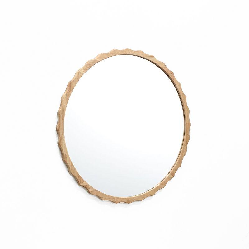 LuxenHome 31.5-Inch Round Natural Rubberwood Scalloped Frame Wall Mirror Brown