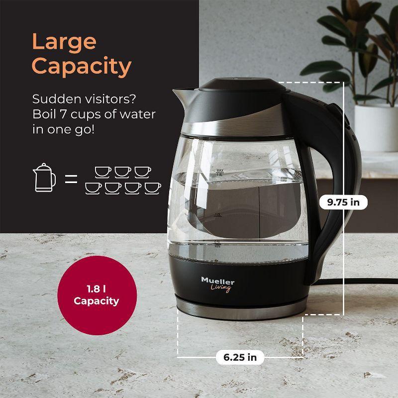 MuellerLiving Mueller Living Electric Kettle, Electric Tea Kettle for Boiling Water, 1500W SpeedBoil Teach Automatic Shutoff, 1.8L Cordless with LED Light, Borosilicate Glass Tea Kettle Pot Water Heater, BPA Free