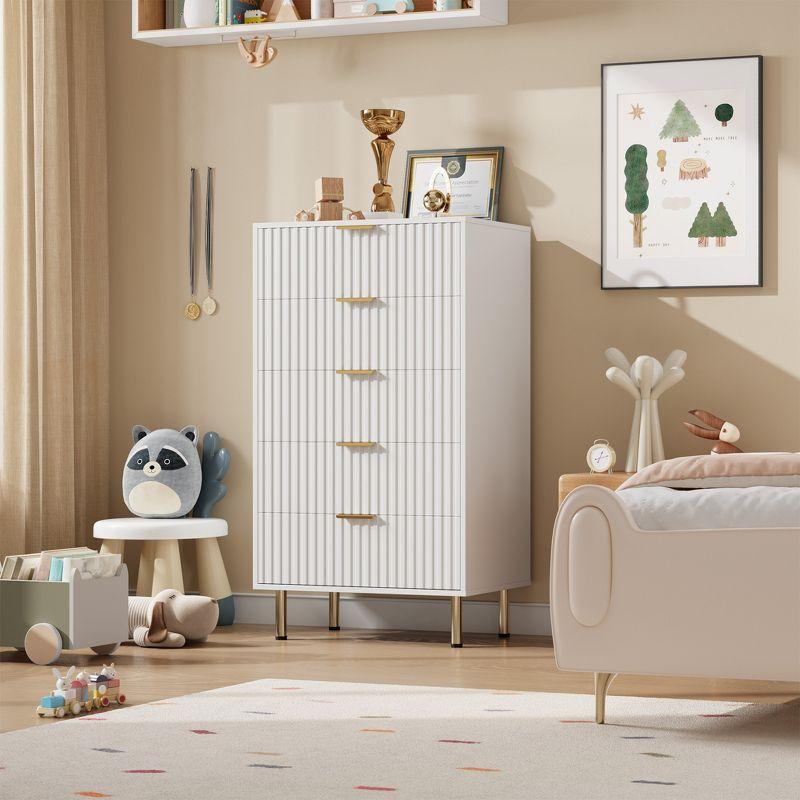 Garvee Fluted 5 Drawer Dresser for Bedroom, 48" Tall Modern Chest of Drawers, Wooden Dresser Organizer for Living Room, Hallway, Kids Room, White