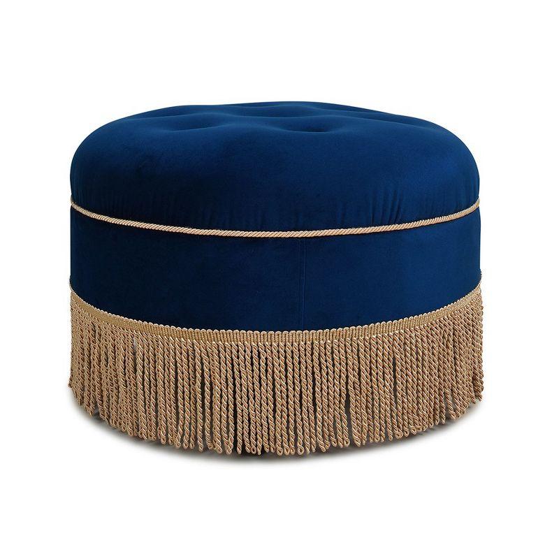 Navy Blue Velvet Tufted Round Ottoman with Fringe