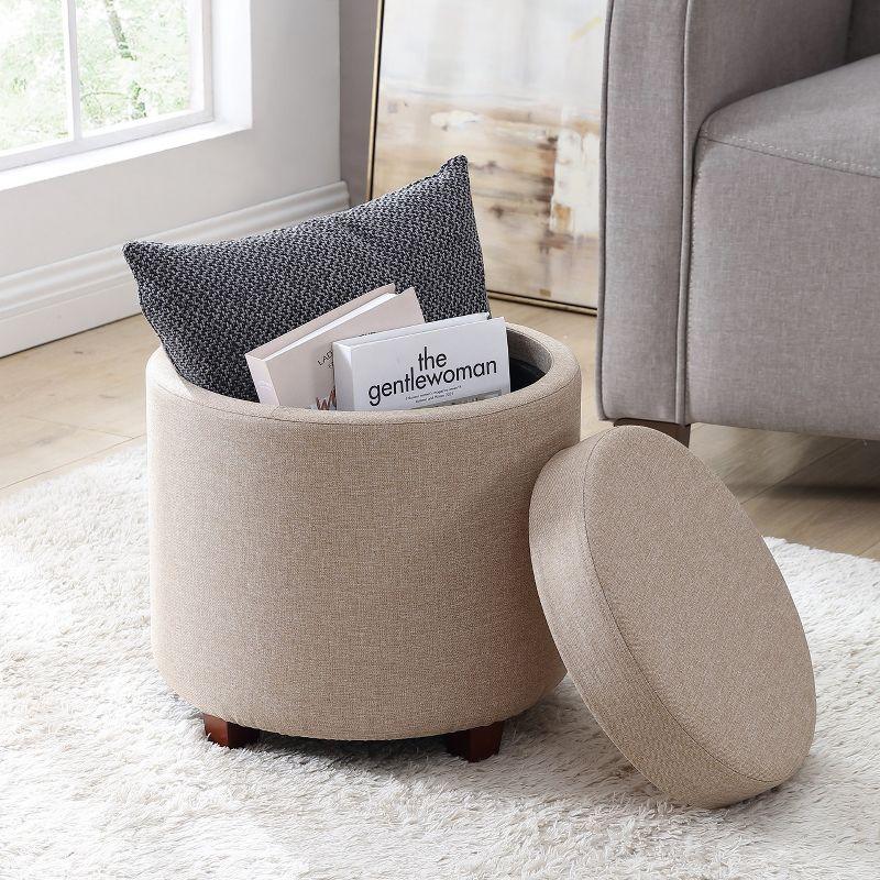 Ornavo Home Lawrence Round Storage Ottoman with Table Top Lid - Linen Beige
