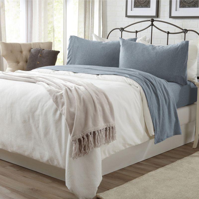 Ultra-Soft Heathered Jersey Knit Cotten Blend Sheet Set - Great Bay Home (Full, Heathered Denim Blue)