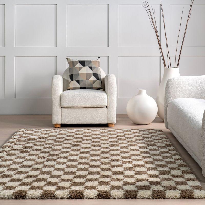 Beige and Brown Checkered Shag Synthetic Area Rug 2' x 3'