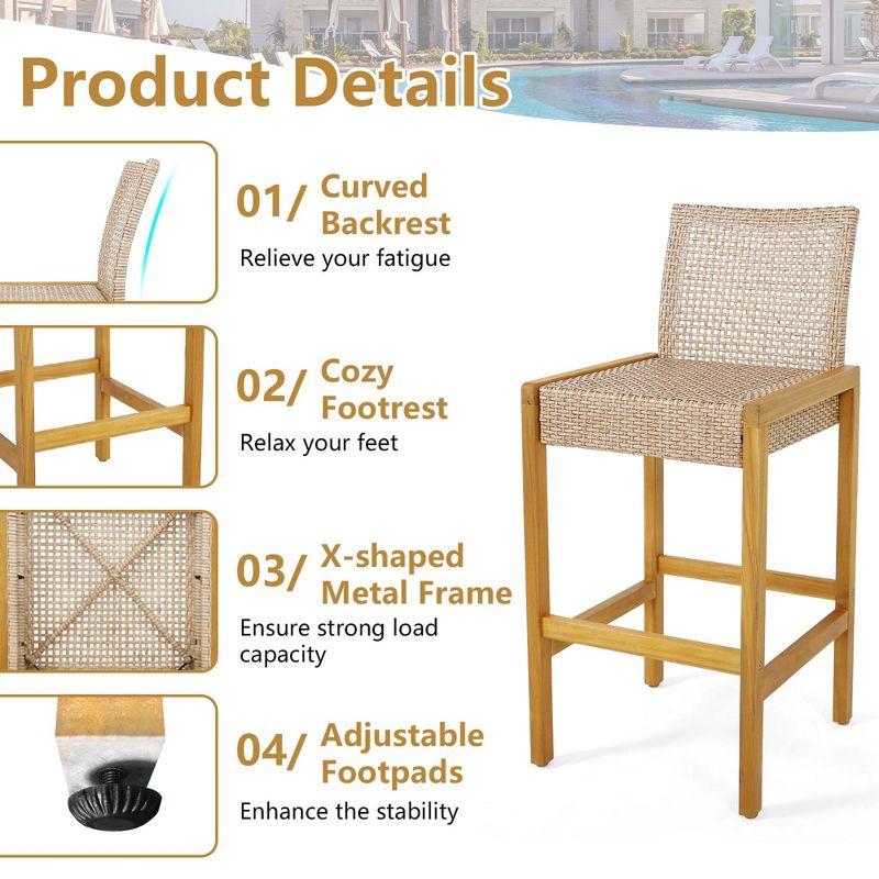 Costway Set of 4 Patio Wood Barstools Rattan Bar Height Chairs with Backrest Porch Balcony