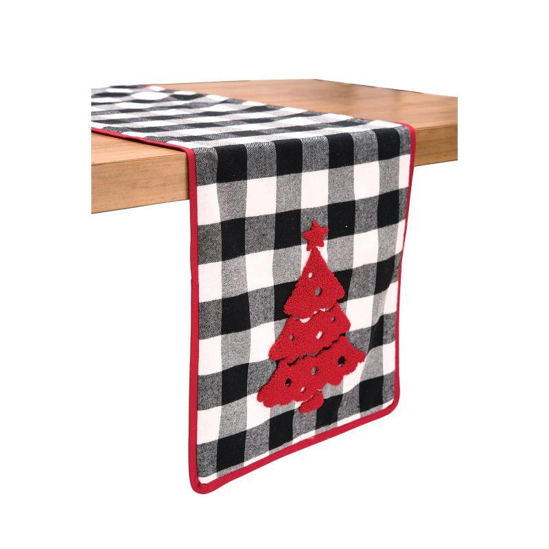 Black and White Plaid Cotton Table Runner with Red Christmas Trees