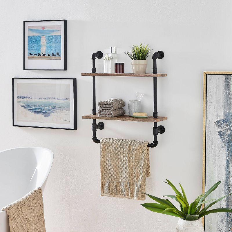 Danya B. 2-Tier Olivia Pipe Wall Shelf Unit with Hanging Rod Black/Rustic: Laminated Iron Storage, Includes Mounting Hardware