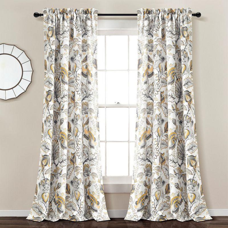 Cynthia Jacobean Yellow and Gray Floral Polyester Blackout Curtains