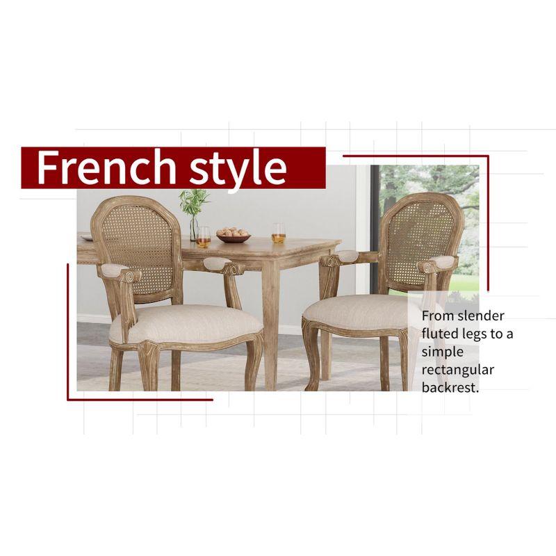 French Country Elegance Beige & Natural Wood Cane Upholstered Arm Chair