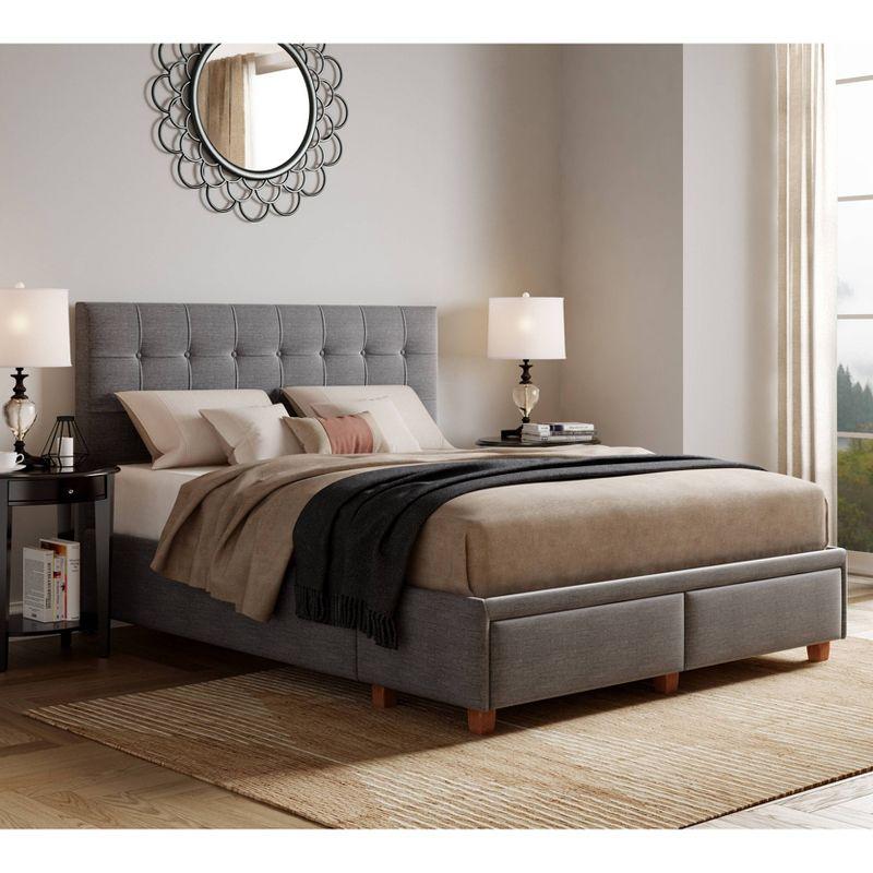 Plush Dark Gray Queen Upholstered Bed with Tufted Headboard and Storage Drawers