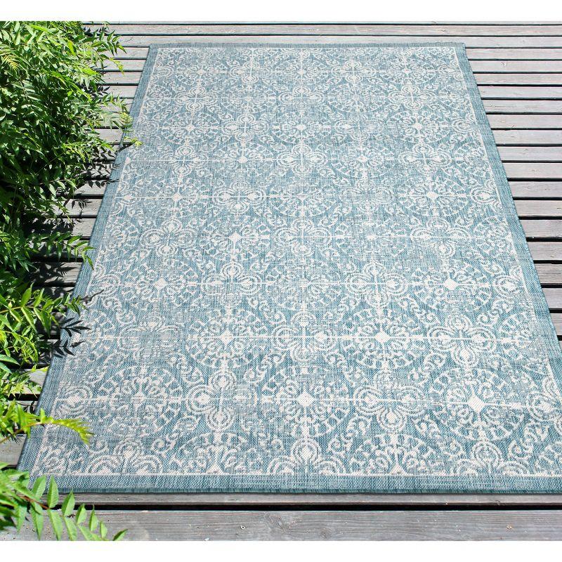 Aqua Antique Tile Medallion Square Outdoor Rug