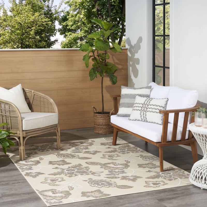 Nourison Aloha Floral Farmhouse Flatweave High-Low Indoor Outdoor Area Rug Beige 3'6" x 5'6"