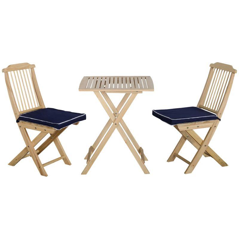 Outsunny 3 Pieces Patio Folding Bistro Set, Outdoor Pine Wood Table and Chairs Set with Tie-on Cushion & Square Coffee Table, Dark Blue