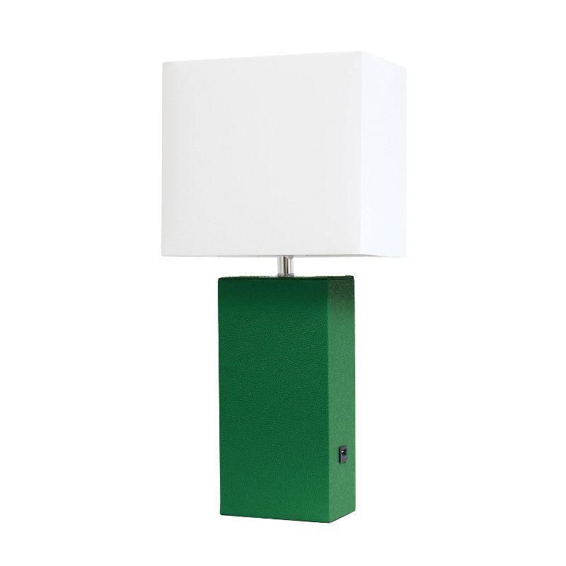21" Lexington Leather Base Modern Home Decor Bedside Table Lamp with USB Charging Port and Fabric Shade Green/White - Lalia Home: No Assembly