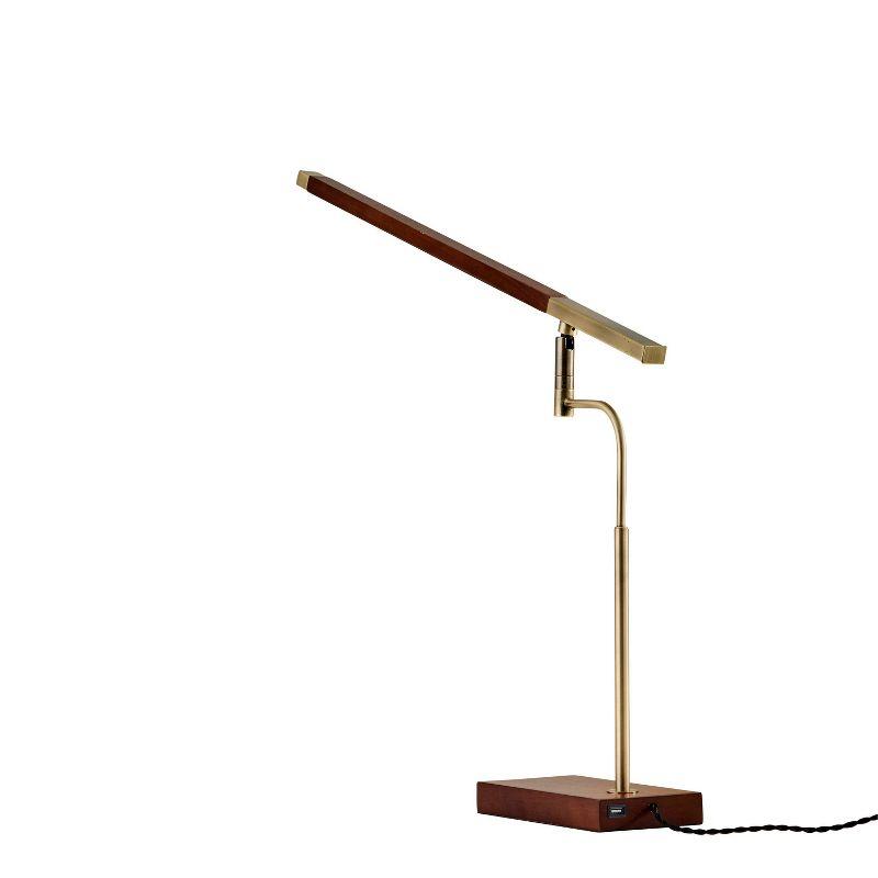 Walnut and Antique Brass Adjustable LED Desk Lamp with USB Port