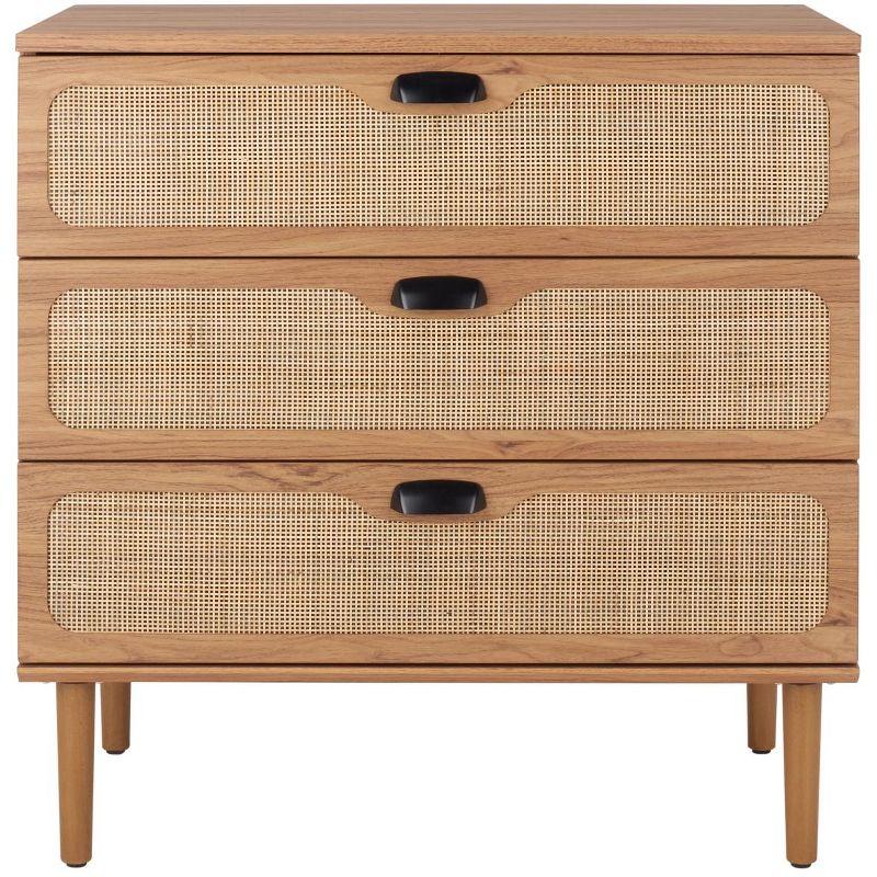 Oak 3-Drawer Chest with Rattan Mesh and Metal Pulls