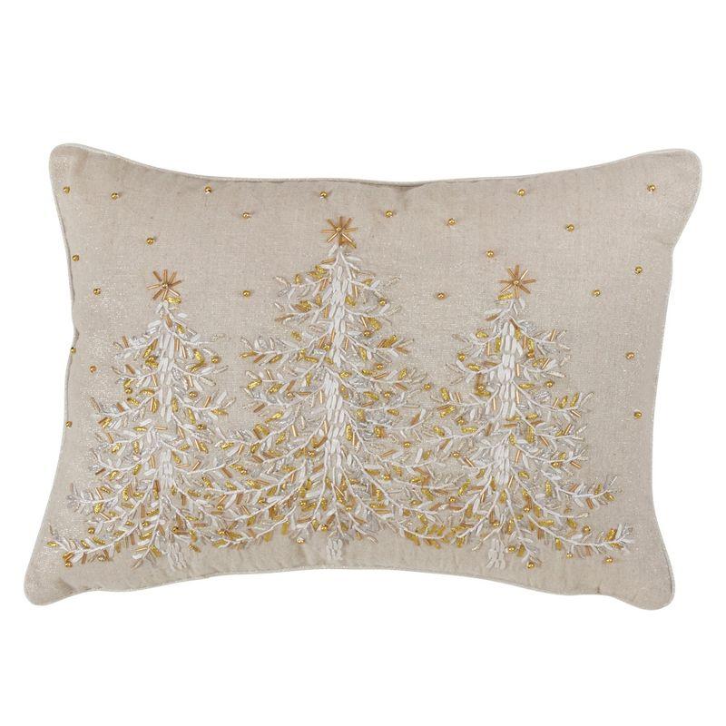 Tan Embroidered Christmas Tree Lumbar Pillow with Golden Beads