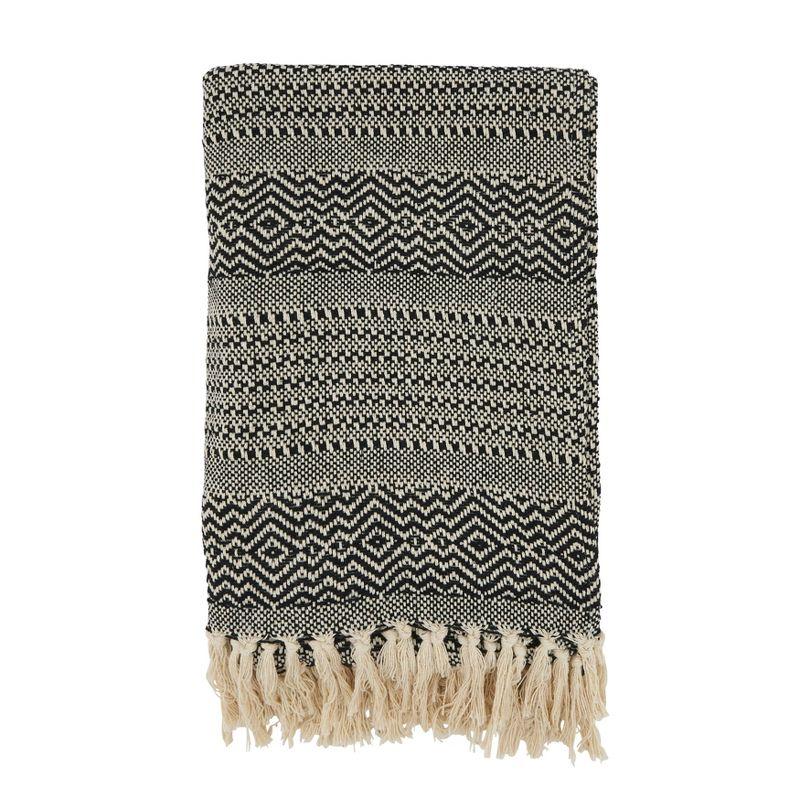 Black Cotton Stripe Diamond-Patterned Fringed Throw, 50"x60"