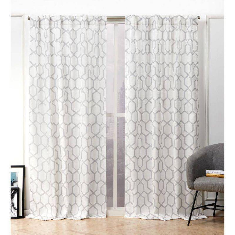 Dove Grey Geometric Print Light-Filtering Linen Blend Curtain Panel Pair