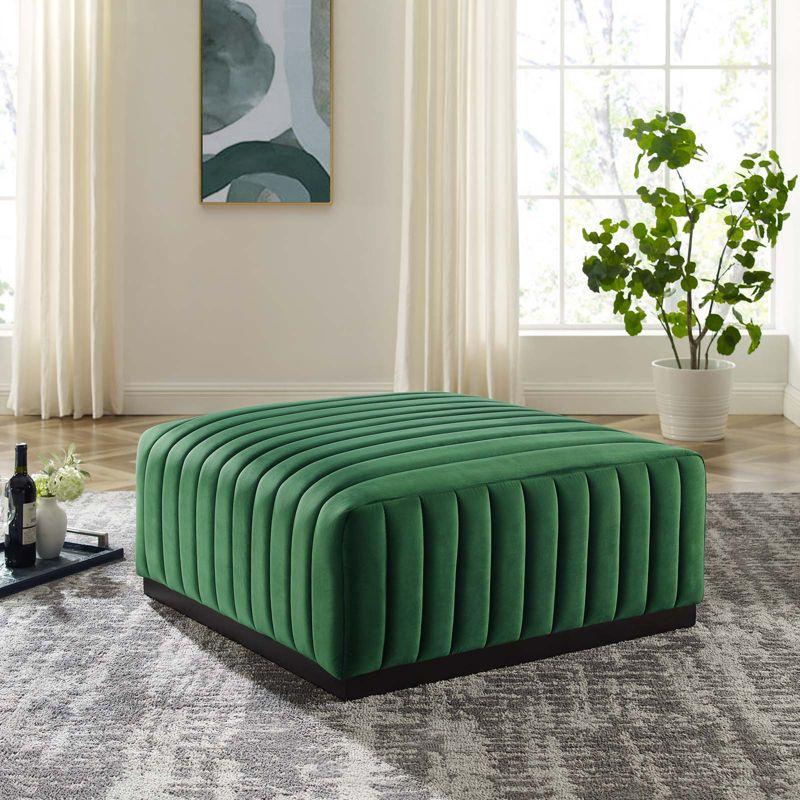 Emerald Green Velvet Tufted Ottoman with Matte Black Base