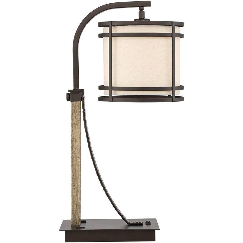 Franklin Iron Works Gentry Industrial Desk Lamp 22" High Oil Rubbed Bronze Faux Wood Cage with USB and AC Power Outlet in Base Oatmeal Shade for Desk