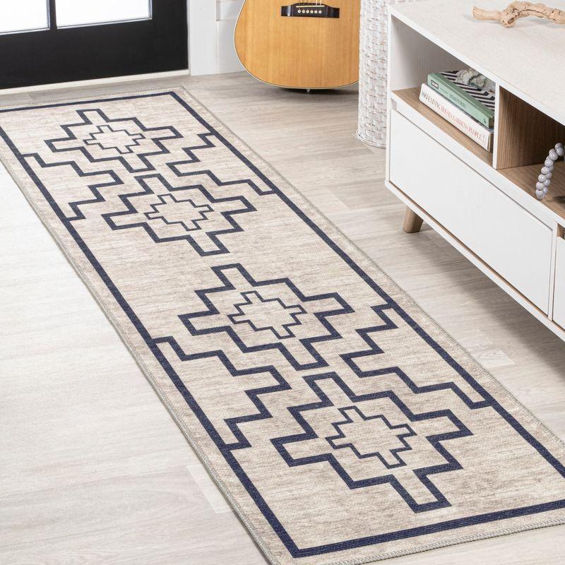 Ivory and Dark Gray Geometric Synthetic 2x8 Runner Rug