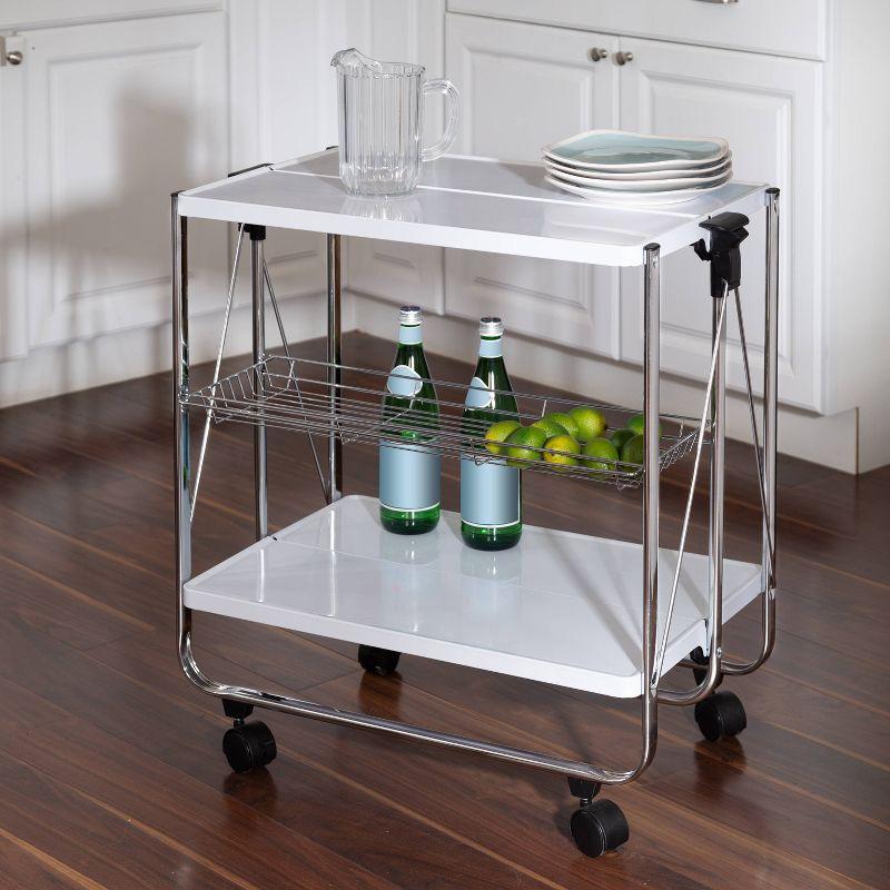 Honey-Can-Do Foldable Cart White/Chrome: Utility Storage Cart, Rolling & Collapsible, 2 Shelves, Steel, Universal Placement