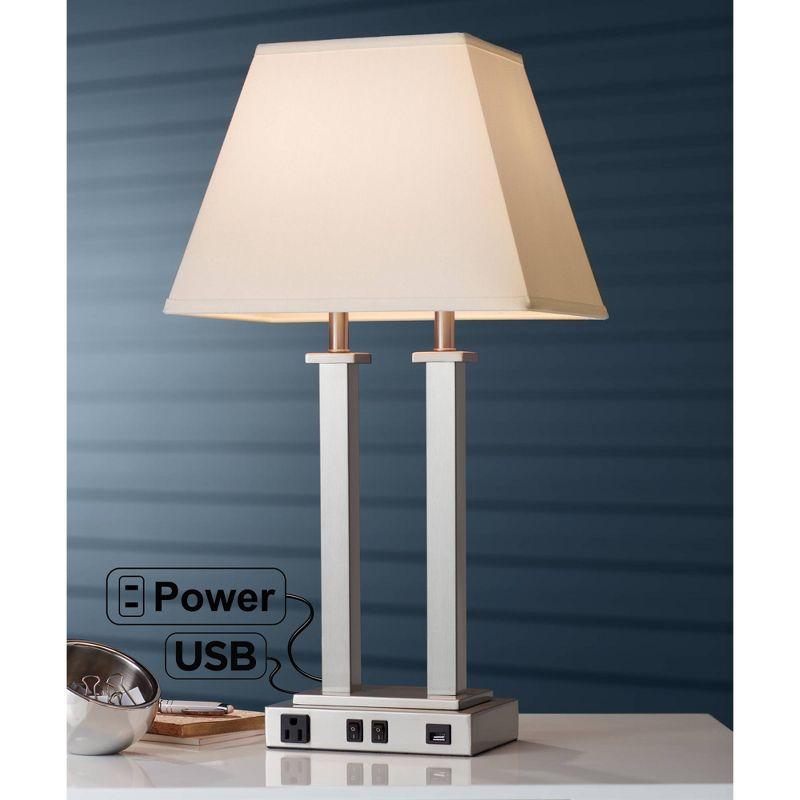 Possini Euro Design Amity Modern Table Lamp 26" High Brushed Nickel with USB and AC Power Outlet in Base White Linen Shade for Bedroom Bedside Desk