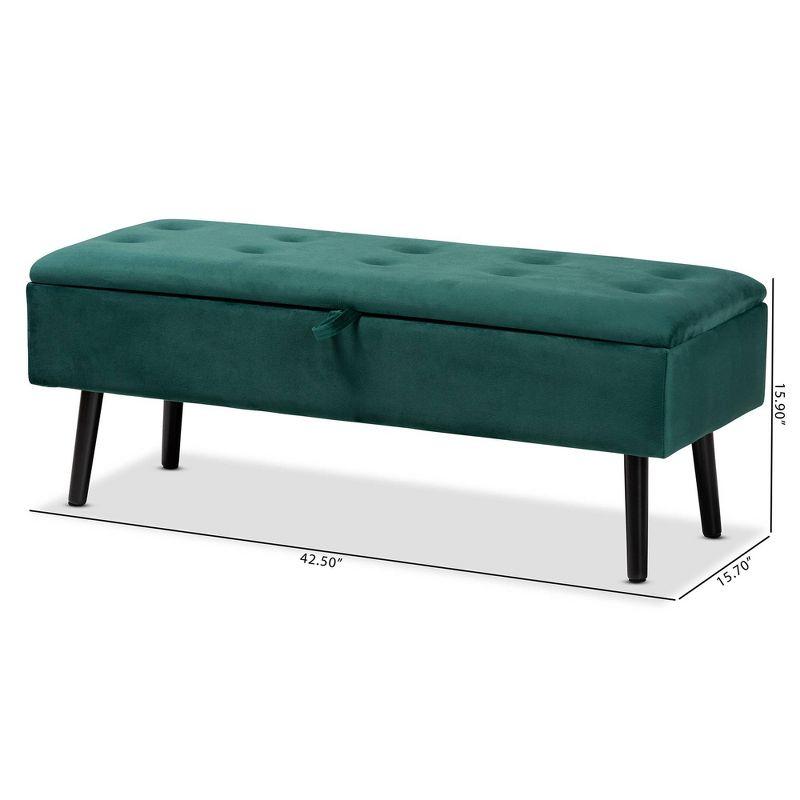 Caine Green Velvet Upholstered Storage Bench with Dark Wood Legs